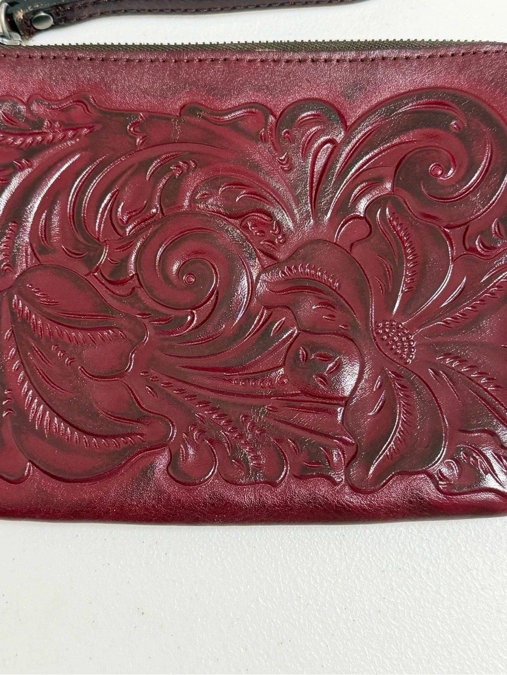 Patricia Nash Oxblood Tooled Leather Wristlet P349244 Floral Continental Pouch